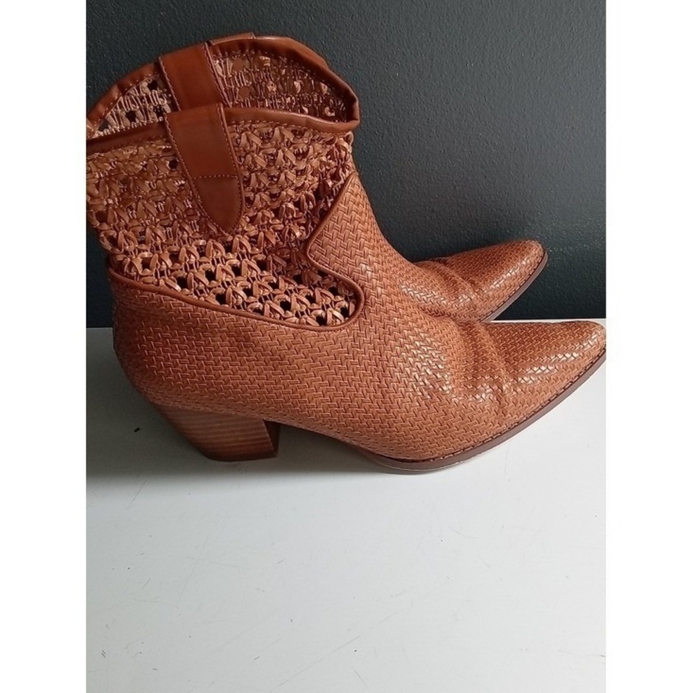 Woven Western Ankle Boots Cognac‎ Brown Pointed Toe Open Knit Boho Booties